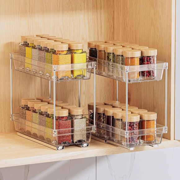 2 Packs Pull Out Spice Rack Organizer for Cabinet, 2 Tier Vertical Spice Organiz - Picture 1 of 6